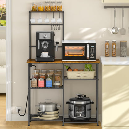 3IngSeagulls Bakers Rack with Power Outlet Kitchen Microwave Stand with 10 S-Shaped Hooks 6-Tier Coffee Bar Station Kitchen Storage Shelf Rack for Spices Pots Rustic Brown