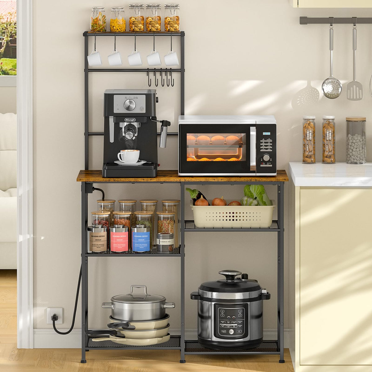 3IngSeagulls Bakers Rack with Power Outlet Kitchen Microwave Stand with 10 S-Shaped Hooks 6-Tier Coffee Bar Station Kitchen Storage Shelf Rack for Spices Pots Rustic Brown