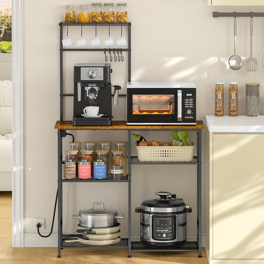 3IngSeagulls Bakers Rack with Power Outlet Kitchen Microwave Stand with 10 S-Shaped Hooks 6-Tier Coffee Bar Station Kitchen Storage Shelf Rack for Spices Pots Rustic Brown